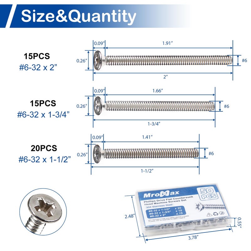 MroMax #6-32 1-1/2 بوصة، 1-3/4 بوصة، 2 بوصة براغي مخرج إضافية طويلة، 50 قطعة من براغي الماكينة الكهربائية من الفولاذ المقاوم للصدأ 304، براغي مسطحة رأس فيليبس، براغي مثبتة مغمورة - Image 3